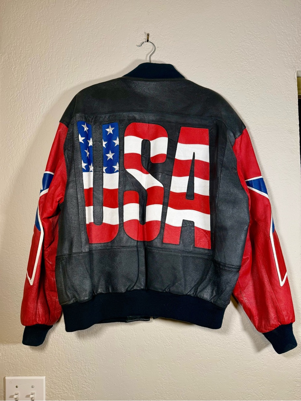 Michael Hoban Vintage 1991 WHEREMI USA Graphic Leather Bomber Jacket Mens Medium